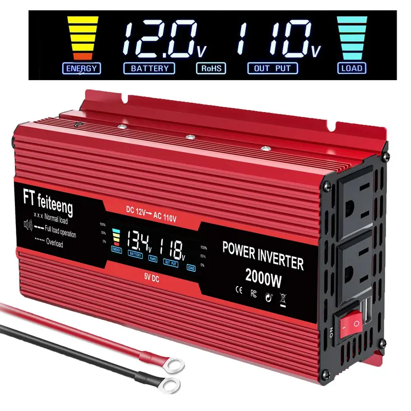 900W 2000W Car Power Inverter, 1 Count DC 24V to AC 110V 120V Converter, LCD Display with Dual USB Ports for Device Charging 5