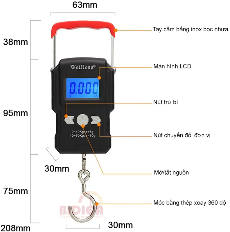 Hàng Loại 1- Cân Treo Điện Tử Mini Đài Loan WH-A23 50Kg -Chuyên Cân Hành Lý, Hàng Hóa, Cá Câu Hồ 0