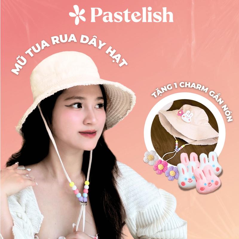 [TẶNG CHARM GẮN NÓN] Mũ Nón Bucket TUA RUA PHỐI HẠT - Dây có thể tháo rời (đội nhiều kiểu) - mũ tặng kèm ghim cài màu ngẫu nhiên - Women Hat Cap