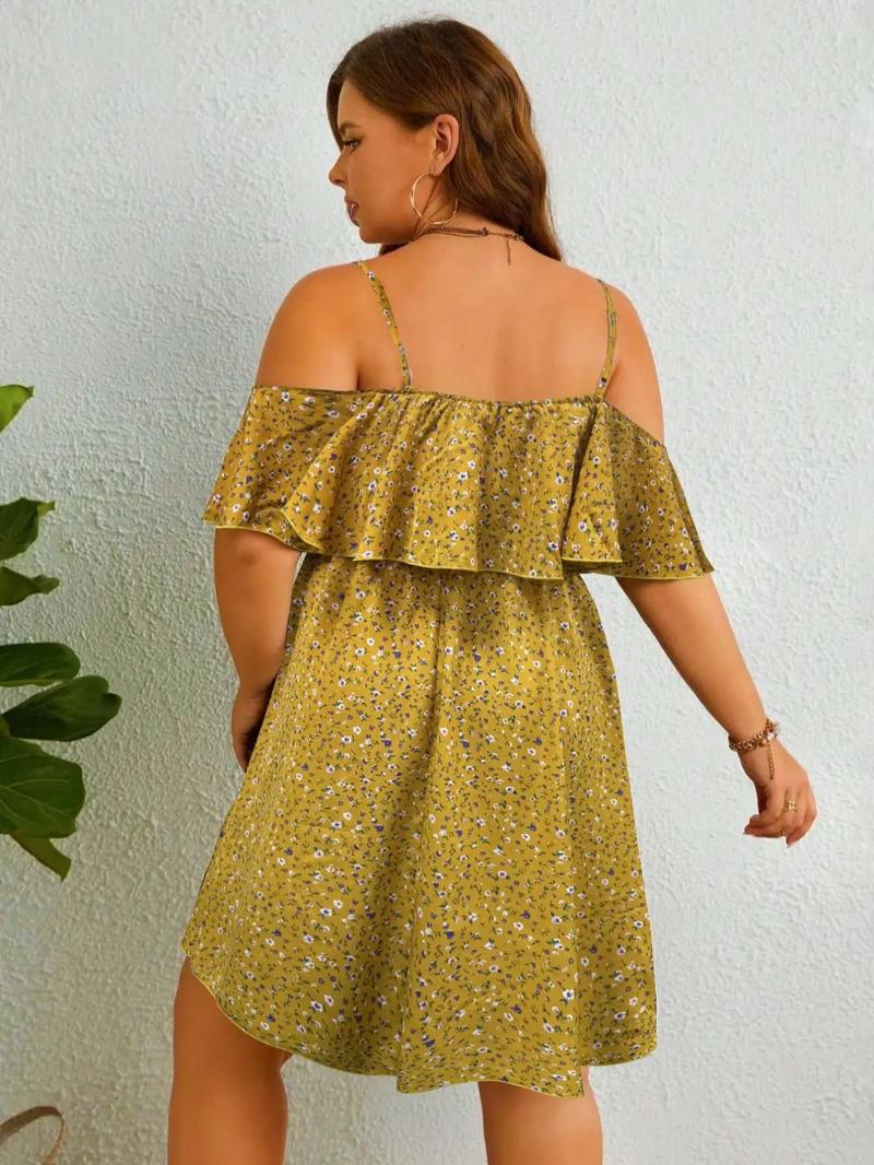 Product Introduction of 【Plus Size】 Ditsy Floral Print Cold Shoulder Dress, Boho Fashion Casual Dress for Daily Holiday Vacation Wear, Women Plus Clothing for Summer, Womenswear 9