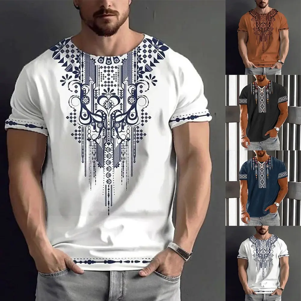 [TMTK] Mens Print Round Neck Short Sleeve T-shirt Blouse Muscle Activewear Pullover Top