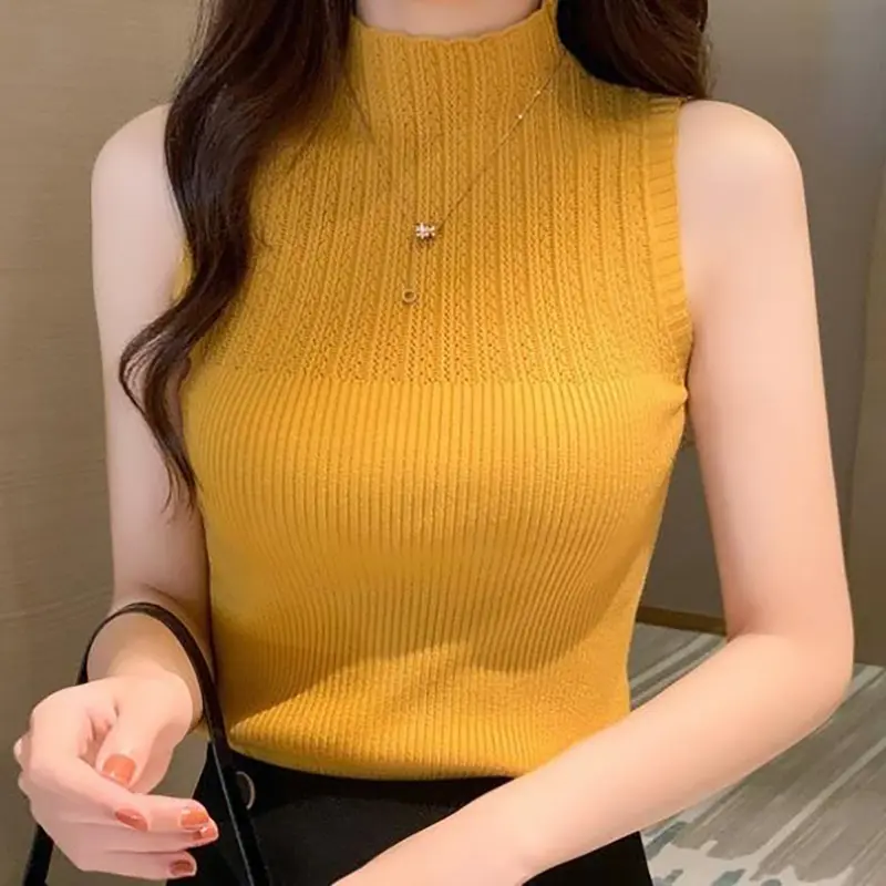 Áo Ba Lỗ Dệt Kim Cổ Lọ Nửa Cổ Điển Cho Nữ, Áo Ba Lỗ Không Tay Màu Trơn, Áo Vest Mỏng, Mùa Hè 1
