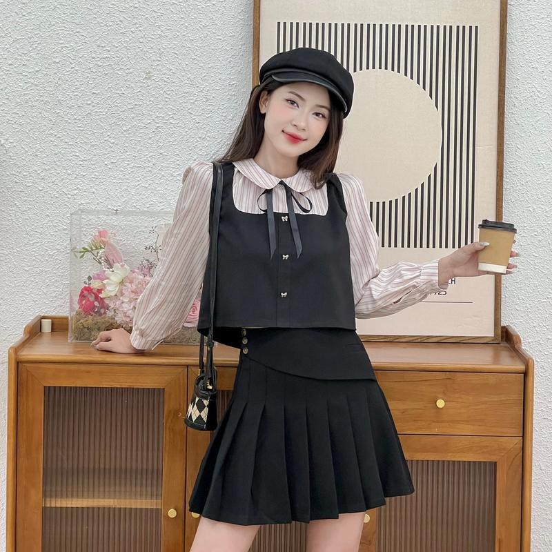 | Kèm ruy băng | Áo sơ mi nữ dáng croptop phối tay kẻ sọc chất xước mềm cotton 03 màu (Sơ mi Giao) 3