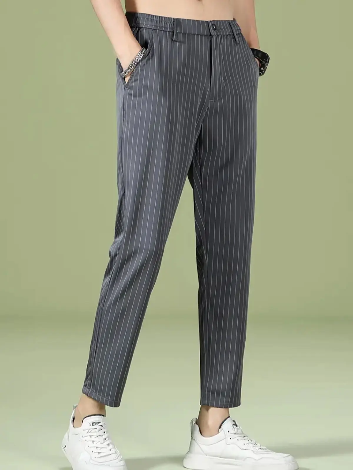 Striped Korean Stye Ankle Cut Trouser Pants (M/2XL) Fabric Fit