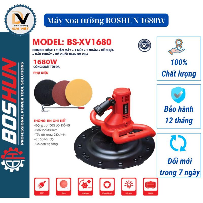  Máy xoa tường công suất 1680W 2 tay cầm hộp số 6 cấp có đèn LED trợ sáng 