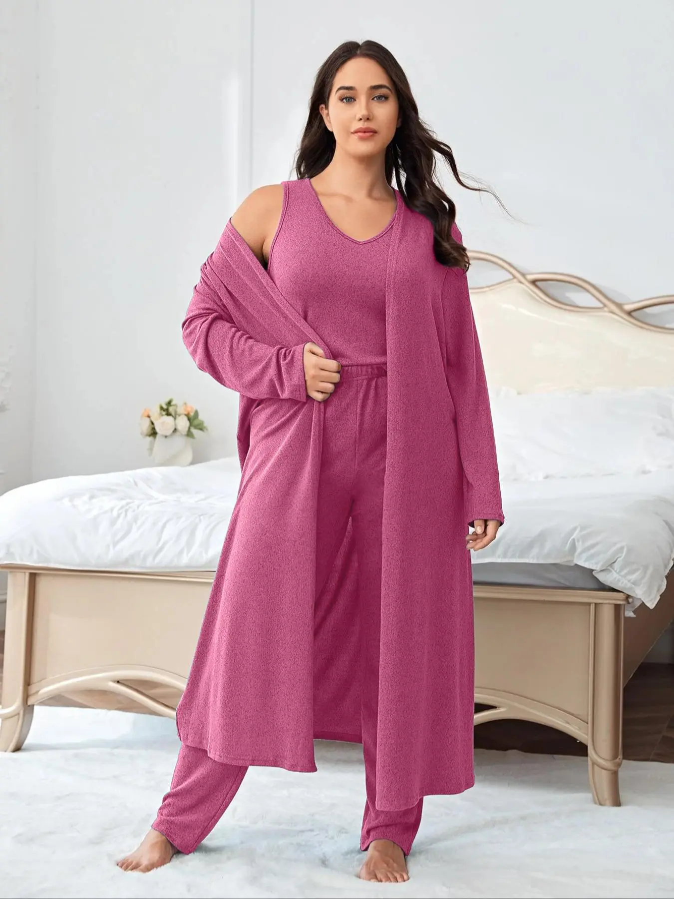 Plus Size Solid V Neck Tank Top & Elastic Waist Pants & Open Front Lounge Robe Set, Casual Comfy Sleepwear Set, Womens Clothes, Women's Sleepwear for All Seasons Valentine's Day, gift, Pajamas