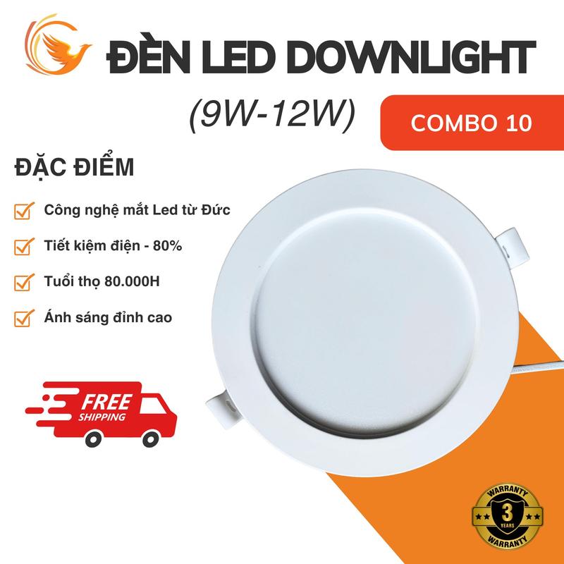 [Combo 10] Đèn LED Âm Trần | Led Downlight 7W 9W 12W Liền Nguồn | Ốp Trần Phòng Ngủ Phòng Khách | Bảo Hành 3 Năm
