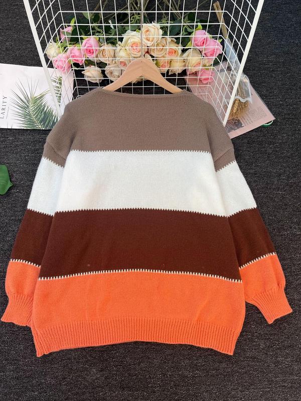 【Plus Size】 Colorblock Drop Shoulder Sweater, Casual Long Sleeve Round Neck Jumper for Fall & Winter, Women's Clothing for Daily Wear 1