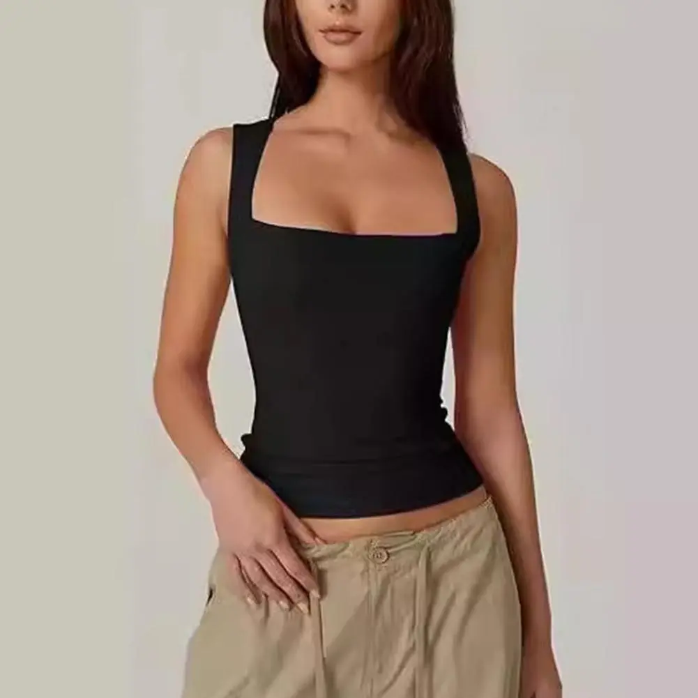 Womens Square Neck Tank Tops Cute Seamless Workout Tops Summer Sleeveless Shirts Basic Tight T-shirt