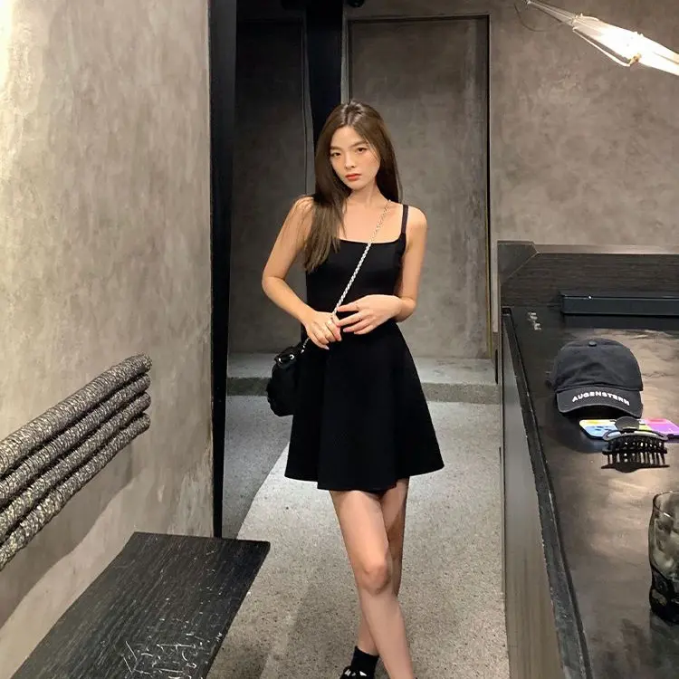 Fashion Retract your waist casual solid color A-line short skirt Summer,Korean style sleeveless camisole black dress for women