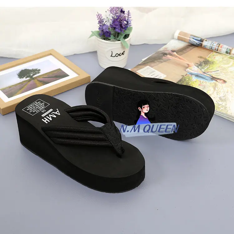 Summer new thick botom flip flops women’s wedge heel 6cm fashion non - slip beach No Heel Square Toe Toe Thong Open Toe