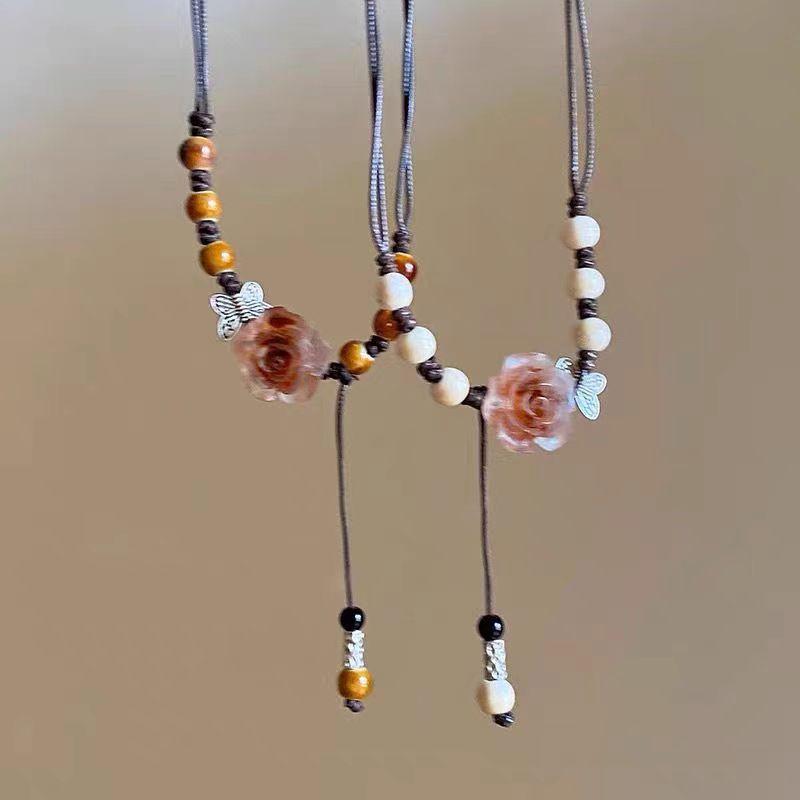Chinese Ceramic Rose Necklace - Adjustable Long Chain Neo-Traditional Braided Collarbone Necklaces for Romantic Style 0