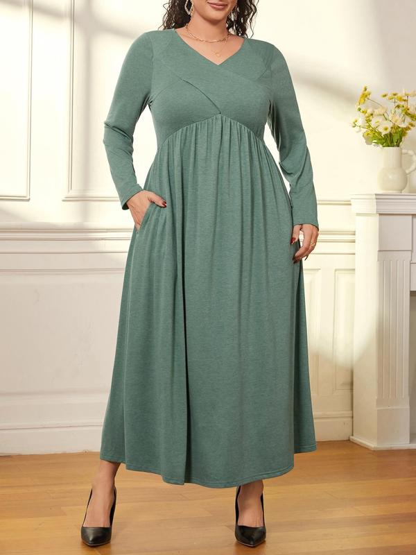CURVZY Plus Size Solid Pocket V Neck A Line Dress, Casual Long Sleeve Long Dress for Daily Wear, Women's Plus Clothing for All Seasons 2