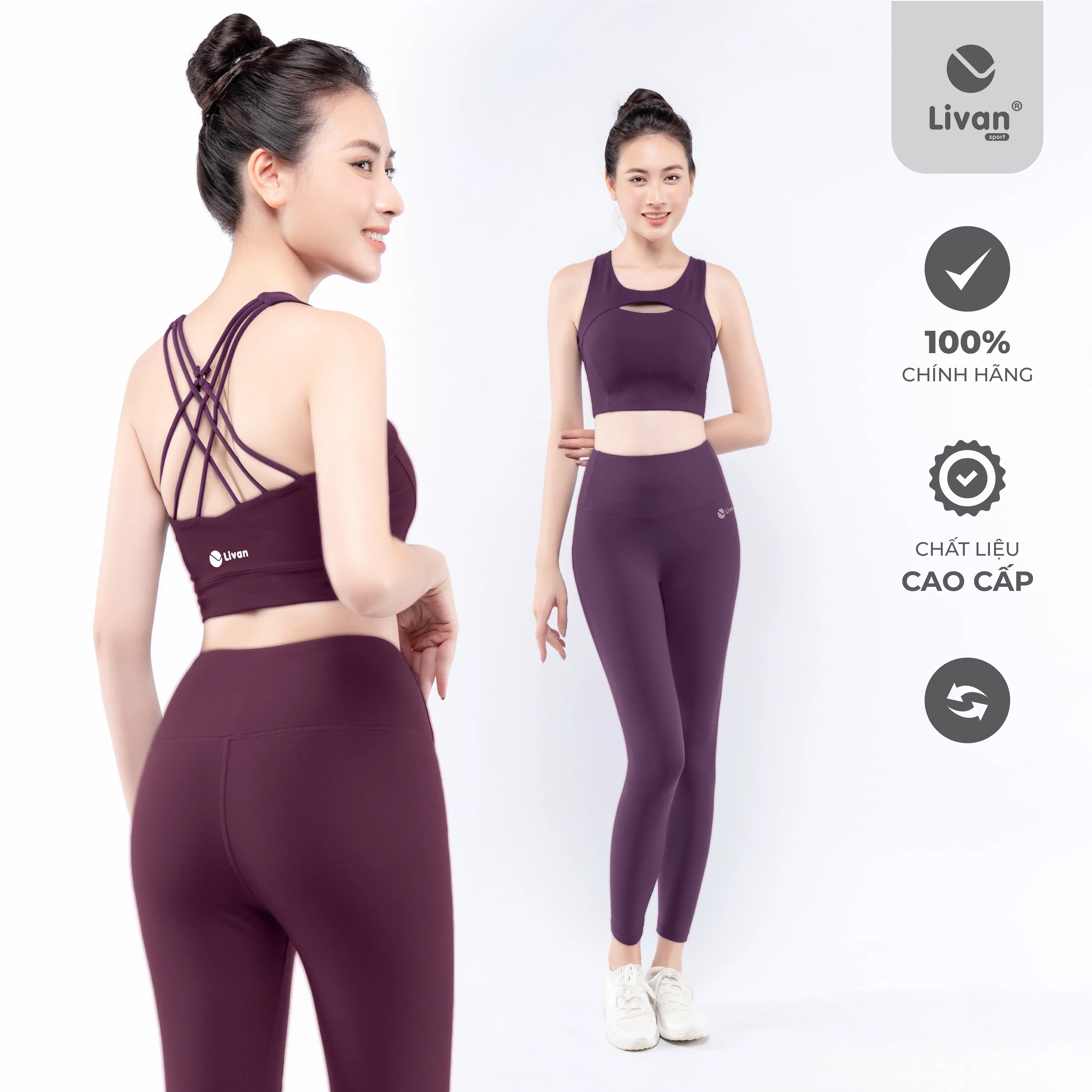 Bộ Tập Yoga Nữ LV24N01F506 Áo Bra Đệm Rời & Quần Legging Cạp Cao Co Giãn, Elaine Bộ Tập Gym Nữ