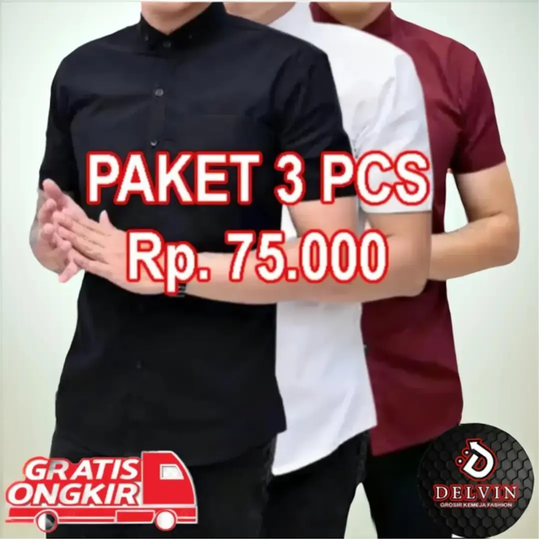 Paket hemat kemeja polos pria lengan pendek isi 3 pcs Hitam Katun Putih Tosca Variasi Navy Distro