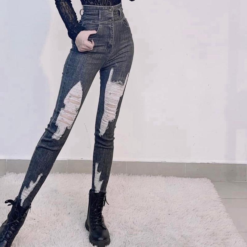 Quần jeans ( R41 ) co giãn 4 chiều nữ, lưng siêu cao, thiết kế rách - Women's Pants 0