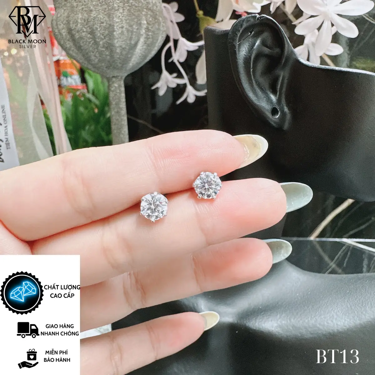 Bông tai bạc ý xi vàng trắng chủ Moissanite - Mã BT13