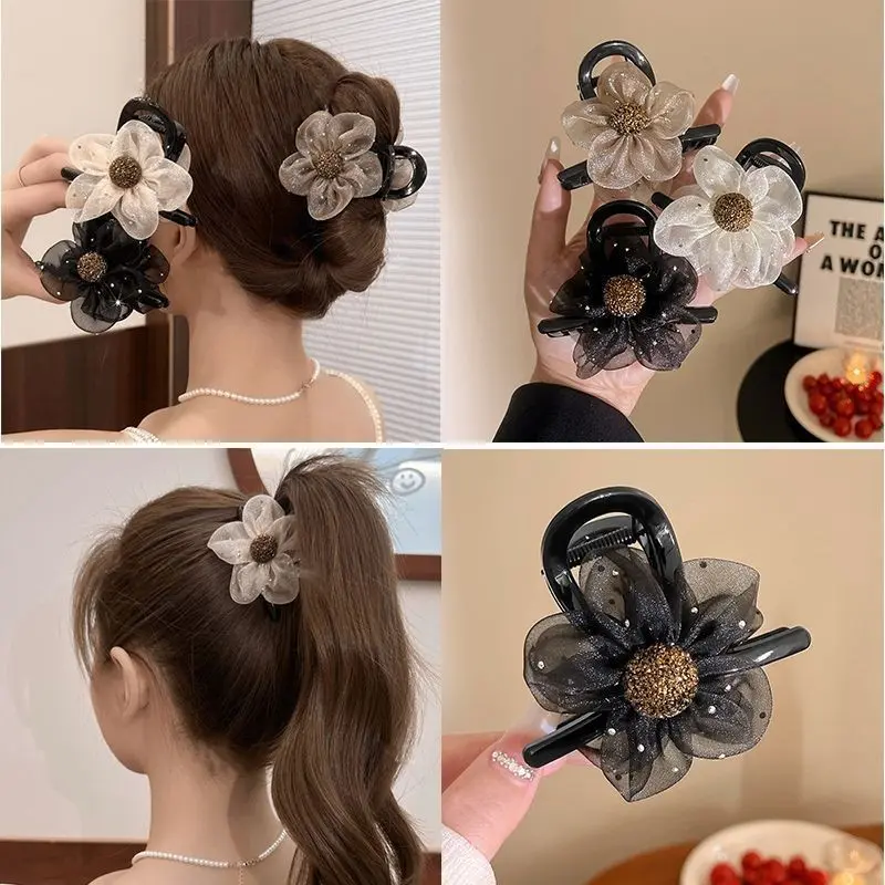 Kẹp Cá Mập Hoa Lưới, Phong Cách Hàn Quốc, Dành Cho Nữ, Thanh Lịch Và Thời Trang, Thích Hợp Cho Tóc Đuôi Ngựa Cao, Kẹp Tóc Đuôi Ngựa Cô Gái, Kẹp Tóc 3