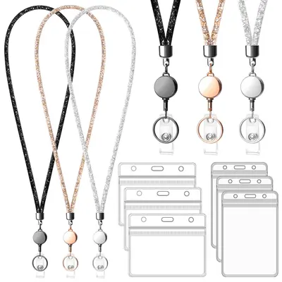 Retractable Badge Reel Lanyard With ID Holder For Women, Fashion Beaded Lanyard Stainless Steel Chain Necklace With Clear Waterproof Badge Card Holder (B)