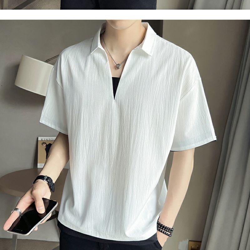 Product Introduction of 2025 Fake Two-Piece V-neck T-shirt Men's Ins Fashion Brand Short Sleeve Polo Shirt Ice Silk Half Sleeve 2023 New Summer Matching Suit 30