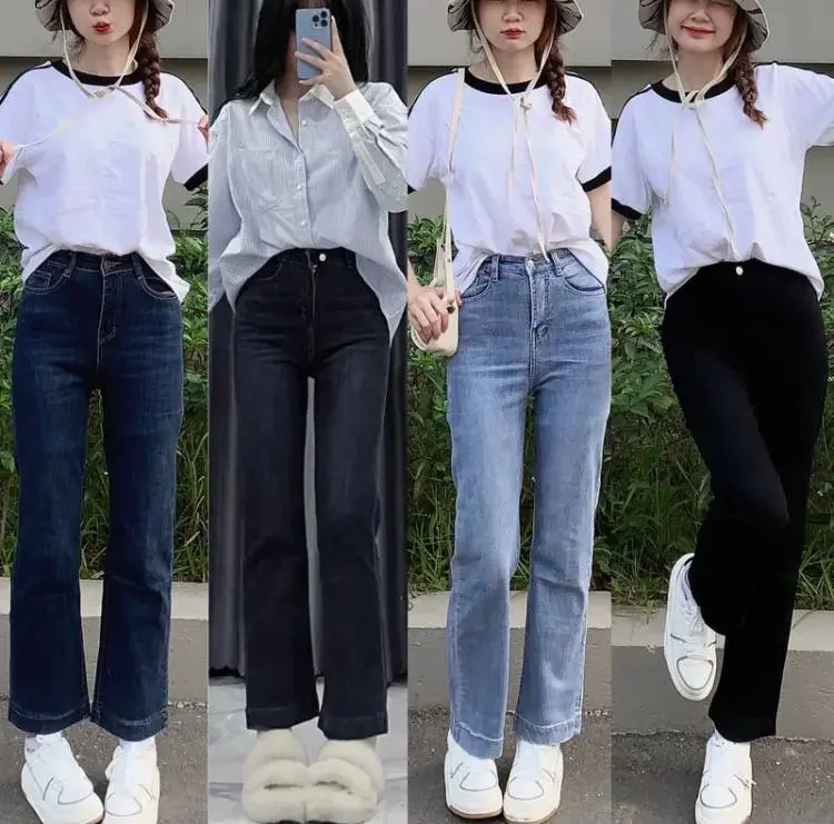 Quần Jean Ống Đứng GẤP LAI Co Dãn - Quần Bò Nữ Nấm Lùn Form Đứng Cạp Cao Leda 4