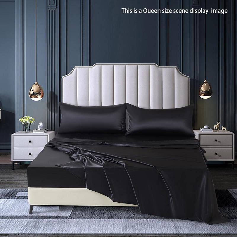 Solid Color Satin Bedding Set (4 Counts/set), Including 1 Flat Sheet, 1 Fitted Sheet & 2 Pillowcase without Filler, Soft Comfortable Bedding Set for Home Bedroom 3