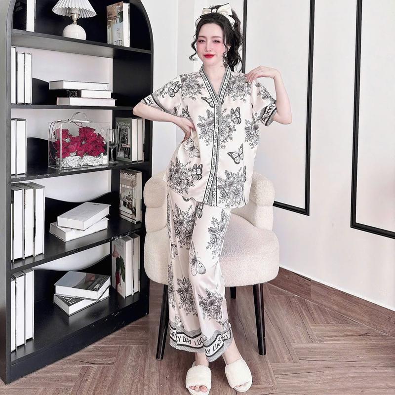 Bộ đồ ngủ nữ pyjama cổ y chất lụa latin cao cấp tay ngắn quần dài họa tiết mới 0