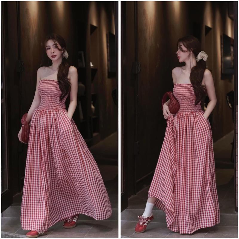 Đầm Nữ Váy Quây Kẻ Caro Maxi Dáng Dài Bo Chun Ôm Eo Phối Váy Dáng Xòe Bồng Bềnh Nàng Thơ Xinh Xắn