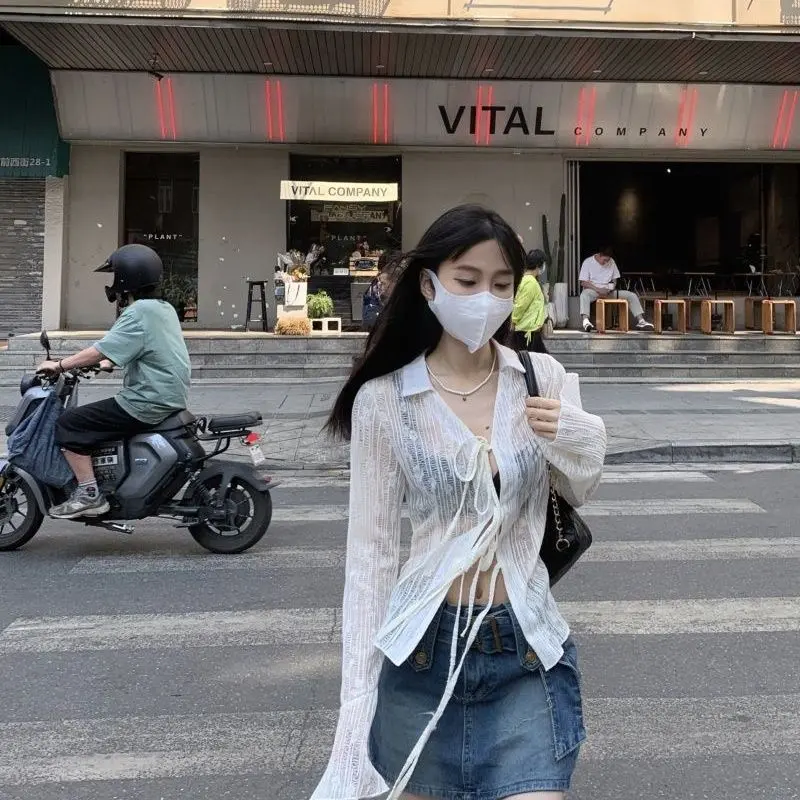 Áo Sơ Mi Ren Jacquard Thiết Kế Còi Chống Nắng, Phong Cách Cô Gái Nóng Bỏng Pháp, Mỏng, Thích Hợp Cho Mùa Xuân Và Mùa Thu, Cardigan Tup, Dễ Thương Và Gợi Cảm Women Top Denim Blazer Shirt Khuy 4