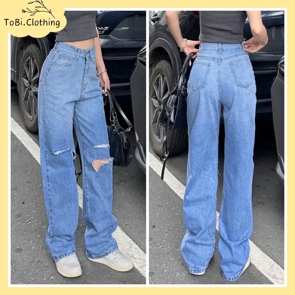 Quần bò jean nữ ống suông xanh loang rách gối - 5179 - Women,  Pants chất liệu jean cottog không co giãn Ong
