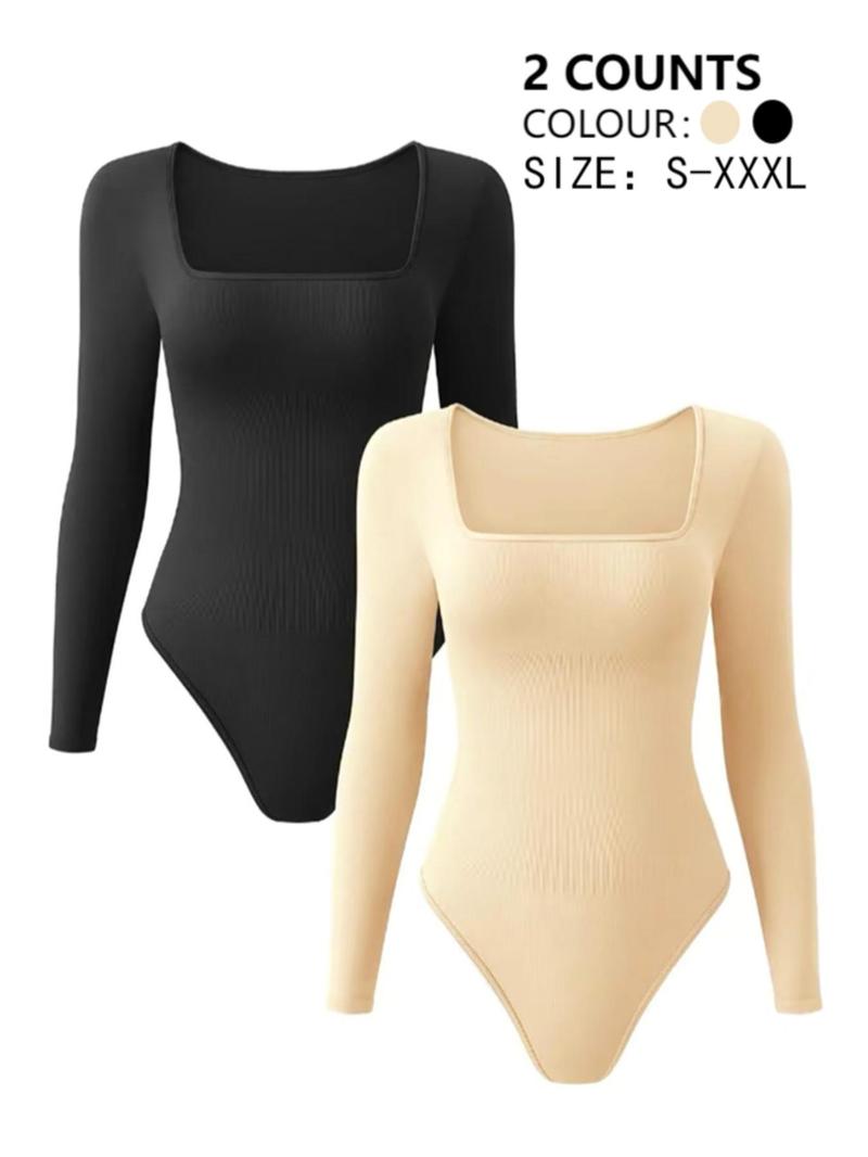 Product Introduction of Women's Solid Square Neck Long Sleeve Shapewear Bodysuit, Casual Comfy Button Closure Crotch Tummy Control Butt Lift Shaper, Ladies Shapewear for Daily Wear 3