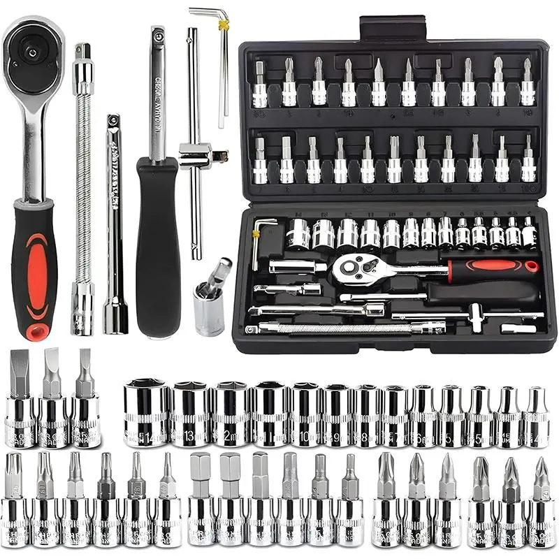 Socket Wrench Set, 46pcs/set 1/4 Inch Ratcheting Wrench Set, 24-teeth Quick Ratchet Wrench Set, Extension Bar Gimbal Slide Bar Extension Sockets