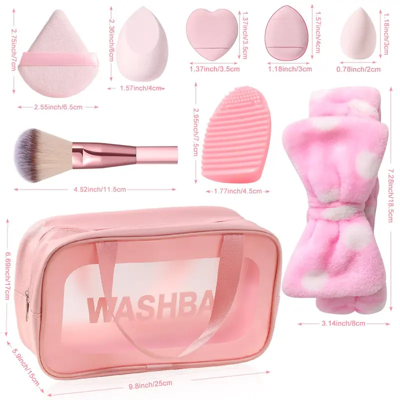 Travel Makeup Tool Set, Including 4 Blender & 3 Mini Blender & 3 Triangle Powder Puff & 6 Finger Powder Puff & 1 Headband & 1 Washing Egg & 1 Brush & 1 Bag 1
