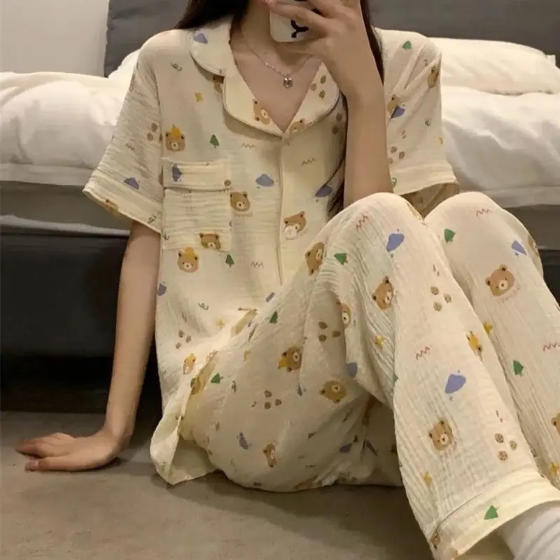 (145cm-162 cm)bộ pijama (ÁO CỘC _QUẦN DÀI) chất đũi xốp mềm mại nhiều họa tiết  HÌNH CUTE Nữ