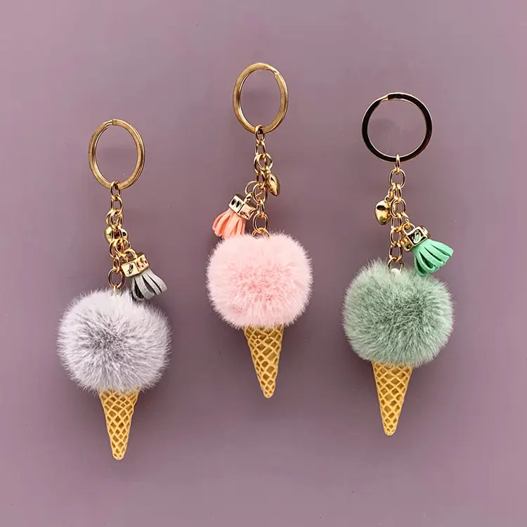Ice cream keychain cute bag cartoon plush charm sweet cone car key ring pom pom creative gift