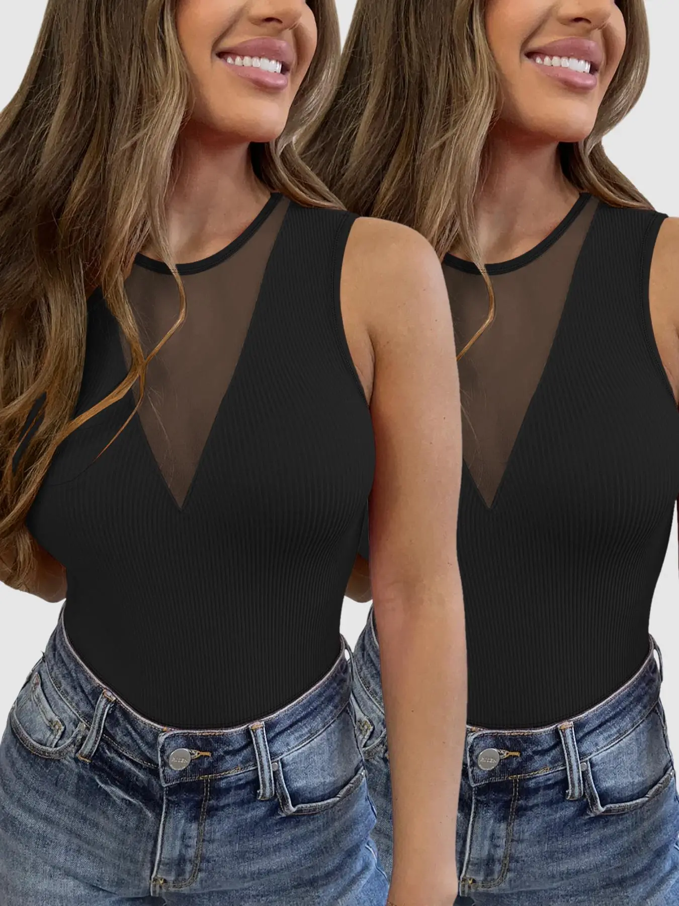 Women's Solid Color Round Neck Sheer Tank Top, Casual Fashion Sleeveless Top for Summer, Ladies Clothes for Daily Wear