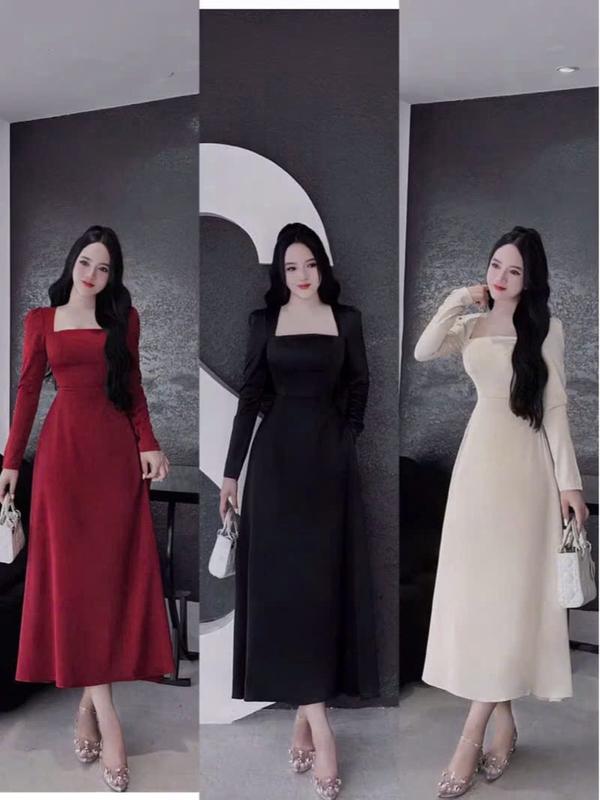 Đầm nữ cổ cổ vuông tay bồng dáng xoè phong cách dịu dàng thanh lịch nữ tính - thun gân lạnh BB75 Váy boby , váy body nữ tôn dáng , váy xinh , váy đi tiệc , váy đi biển