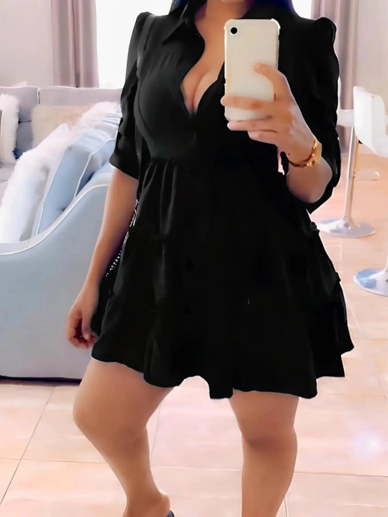 Women's Plain Button Front Ruffle Trim Shirt Dress, Casual Long Sleeve Collared Short Dress for Summer, Ladies Clothes for Daily Wear