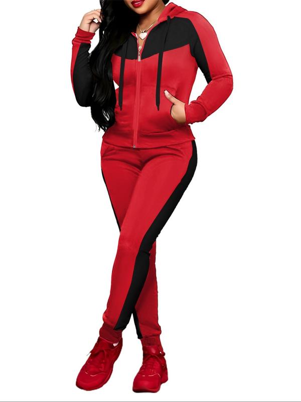 Two-piece Set Women's Colorblock Zip Up Hoodie & Pocket  Pants, Casual Long Sleeve Hooded Sweatshirt &  Jogger Pants for Daily Wear, Ladies Fall & Winter Clothes 1