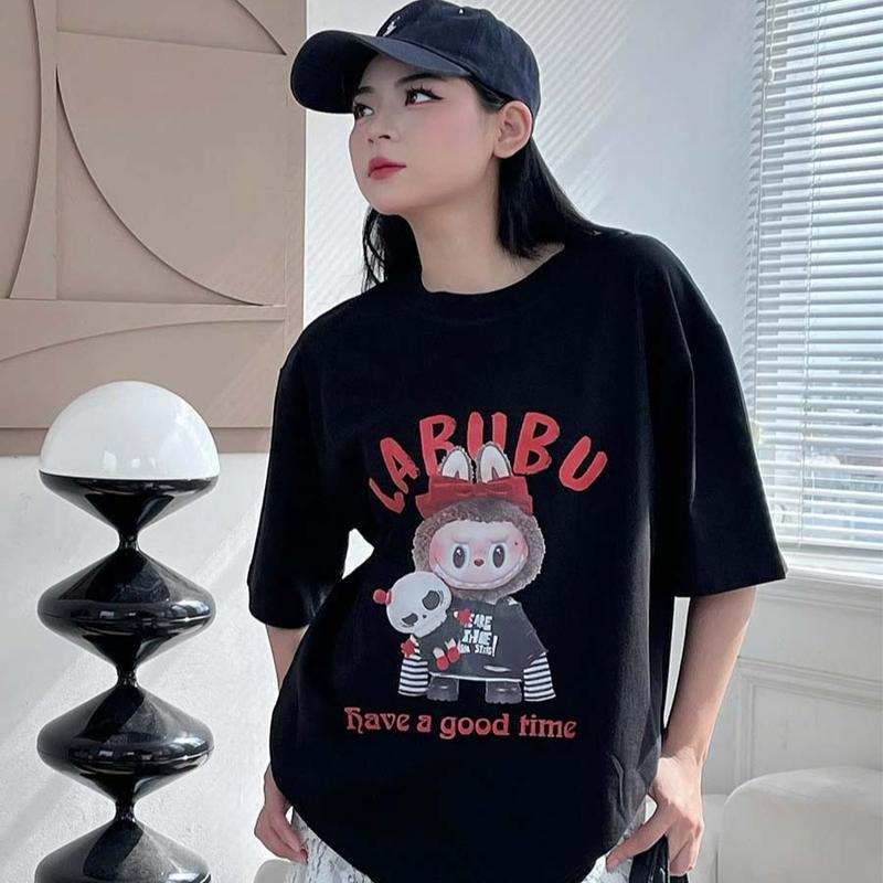 Áo thun Junos in hình LABUBU Chestnut Cocoa cotton nữ siêu cute kiểu unisex form oversize cổ tròn top Women. 4