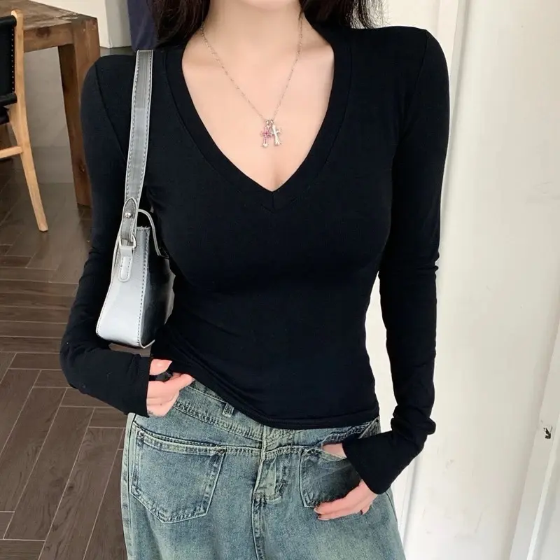 Áo cổ tim tay dài thun tăm mịn mát body nữ 2