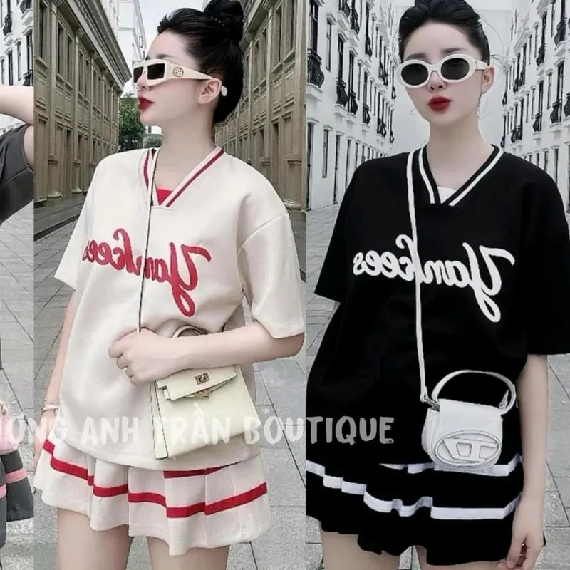 sét váy yankee phối viền  cổ bo chun chất liệu ctollol tầu  trắng kem đen xám Nữ Women Top Màu Xám Áo 3