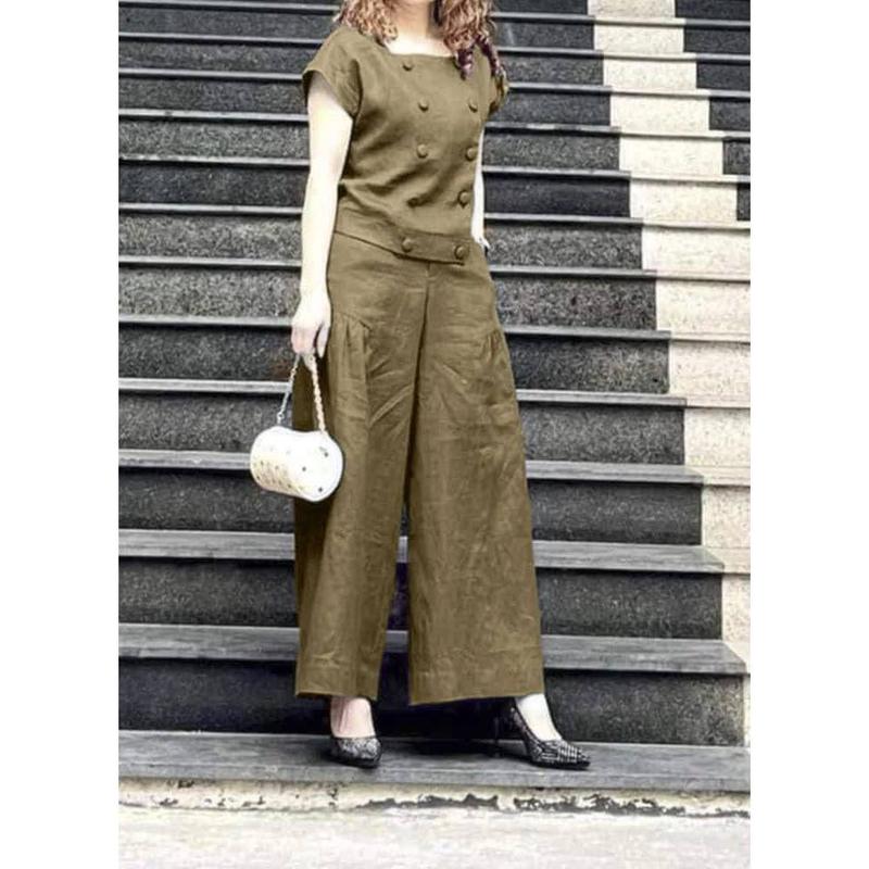 Bộ Đồ Nữ Áo Cộc Quần Dài Cổ Vuông Cúc Áo Kiểu - Q38