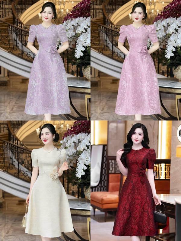 MIỄN SHIP BST MDU4634 Váy Gấm Ánh Kim Cao Cấp – Sang Trọng Tinh Tế Với Thiết Kế Tay Bồng Và Hoa 3D Đính Eo Dành Cho Nữ.