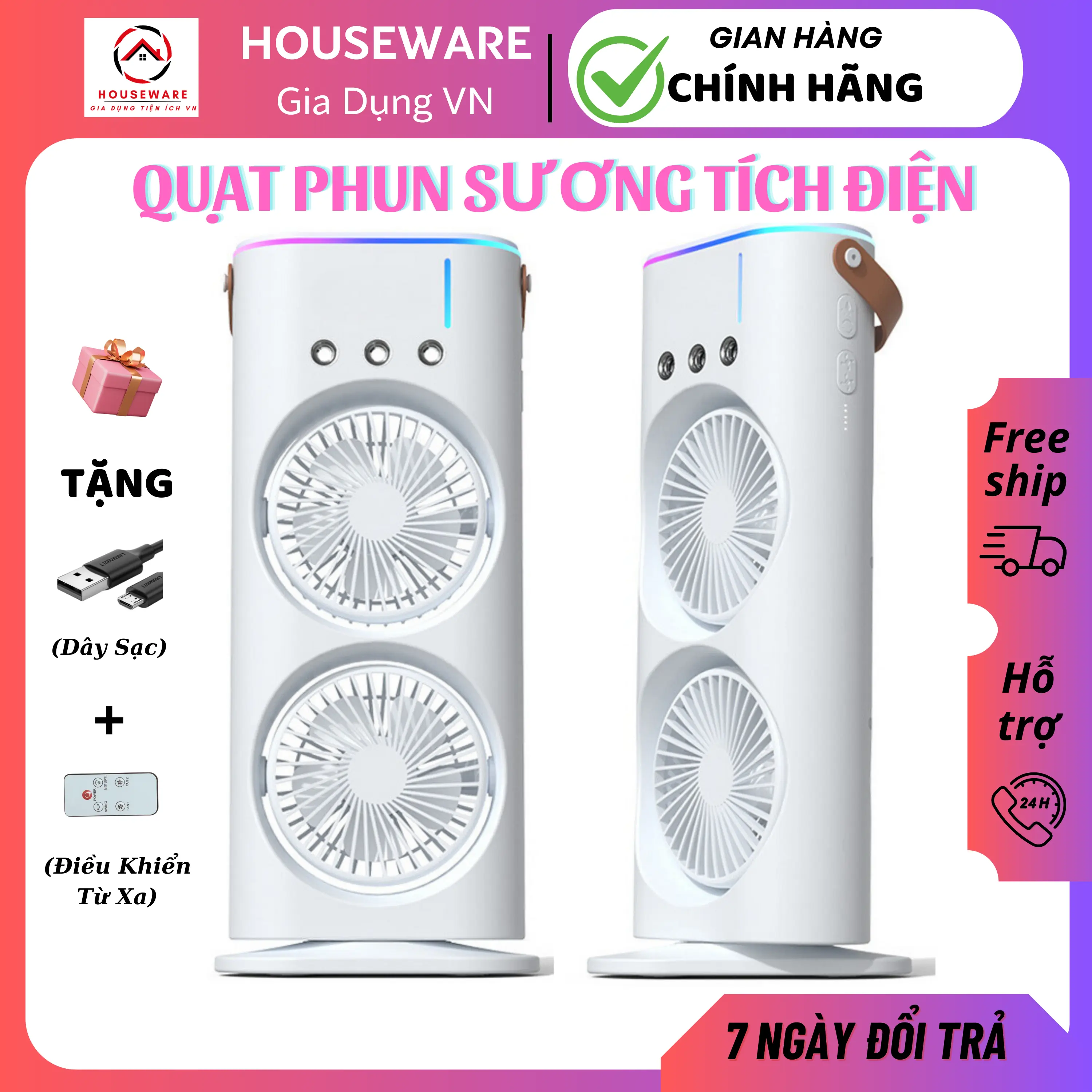 Quạt Điều Hoà Phun Sương Tích Điện Thế Hệ Mới 2024, 2 Tầng Kết Hợp 2 Quạt (Fan), 3 Cổng Phun Sương Tạo Ẩm Không Khí, Tích Hợp Đèn Led 7 Màu, Pin 4000mAh Kèm Phụ Kiện Sạc Type C, Dung Tích 440ml, 3 Cấp Độ Gió Làm Mát Bằng Hơi Nước QuạT