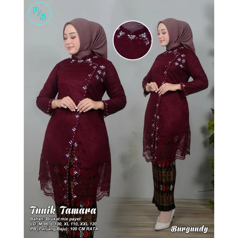 Hameedah - Kebaya Tunik Brukat Tamara Payet Set Rok Plisket Batik Baju Kondangan Modern