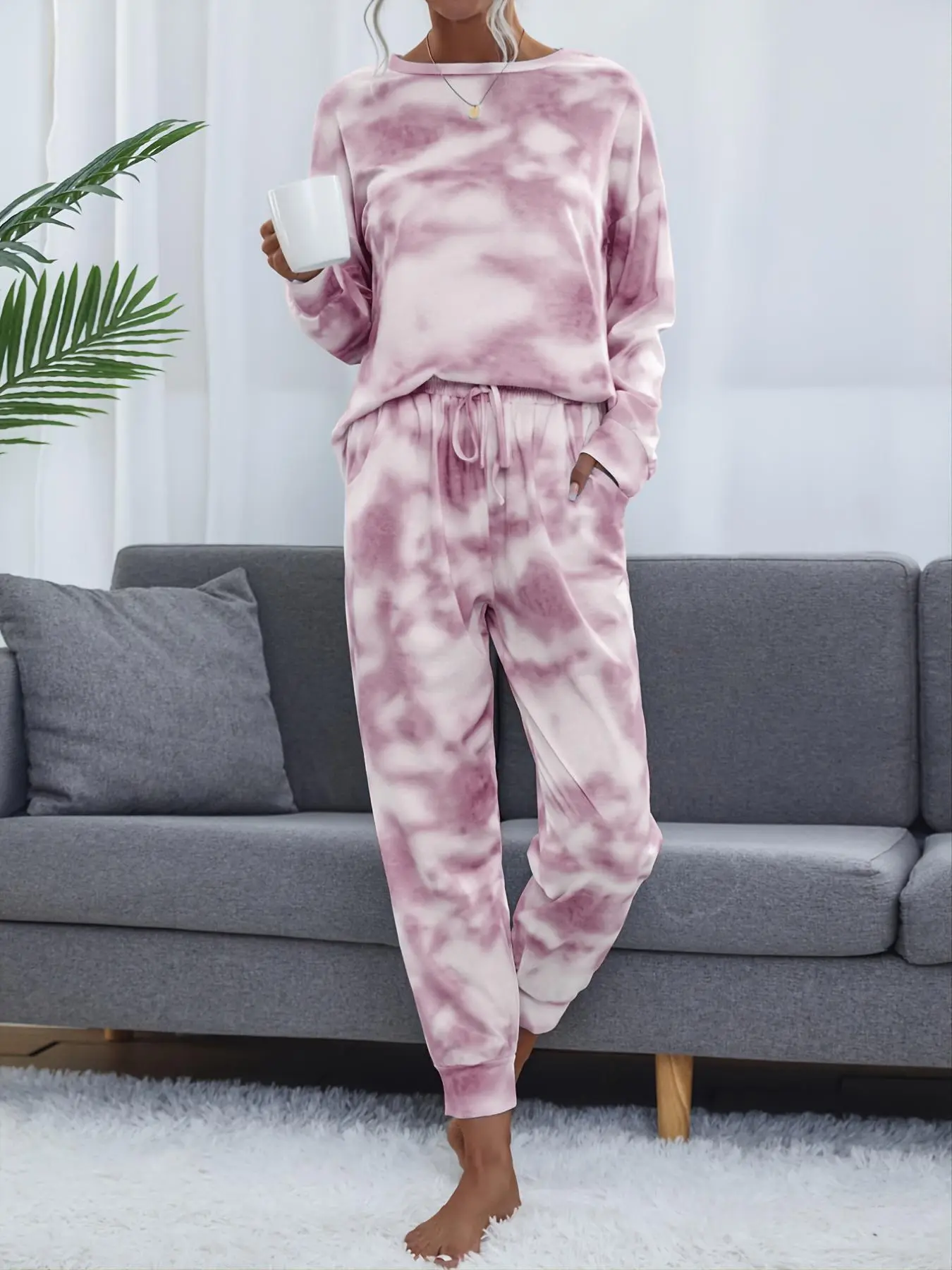 Women's Tie Dye Print Long Sleeve Tee & Tie Front Elastic Waist Trousers Pajama Two-Piece Set, Casual Comfy Round Neck Drop Shoulder Top & Pocket Jogger Pants PJ Set, Women's Sleepwear for Fall & Winter