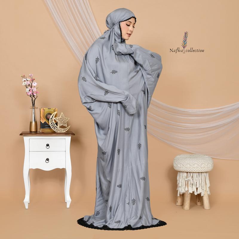 NAFHA - Mukena Terusan Dewasa Nafha Bordir Daily Tropical Katun Mukenah Rayon Wanita Muslim Putih Traveling Panjang 3