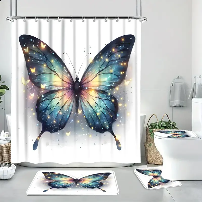 Butterfly Pattern Shower Curtain, 1 Count Colorful Butterfly Pattern Shower Curtain with 4 Counts Hooks, Bathroom Decor Supplies for Home Hotel Salon Dormitory 3