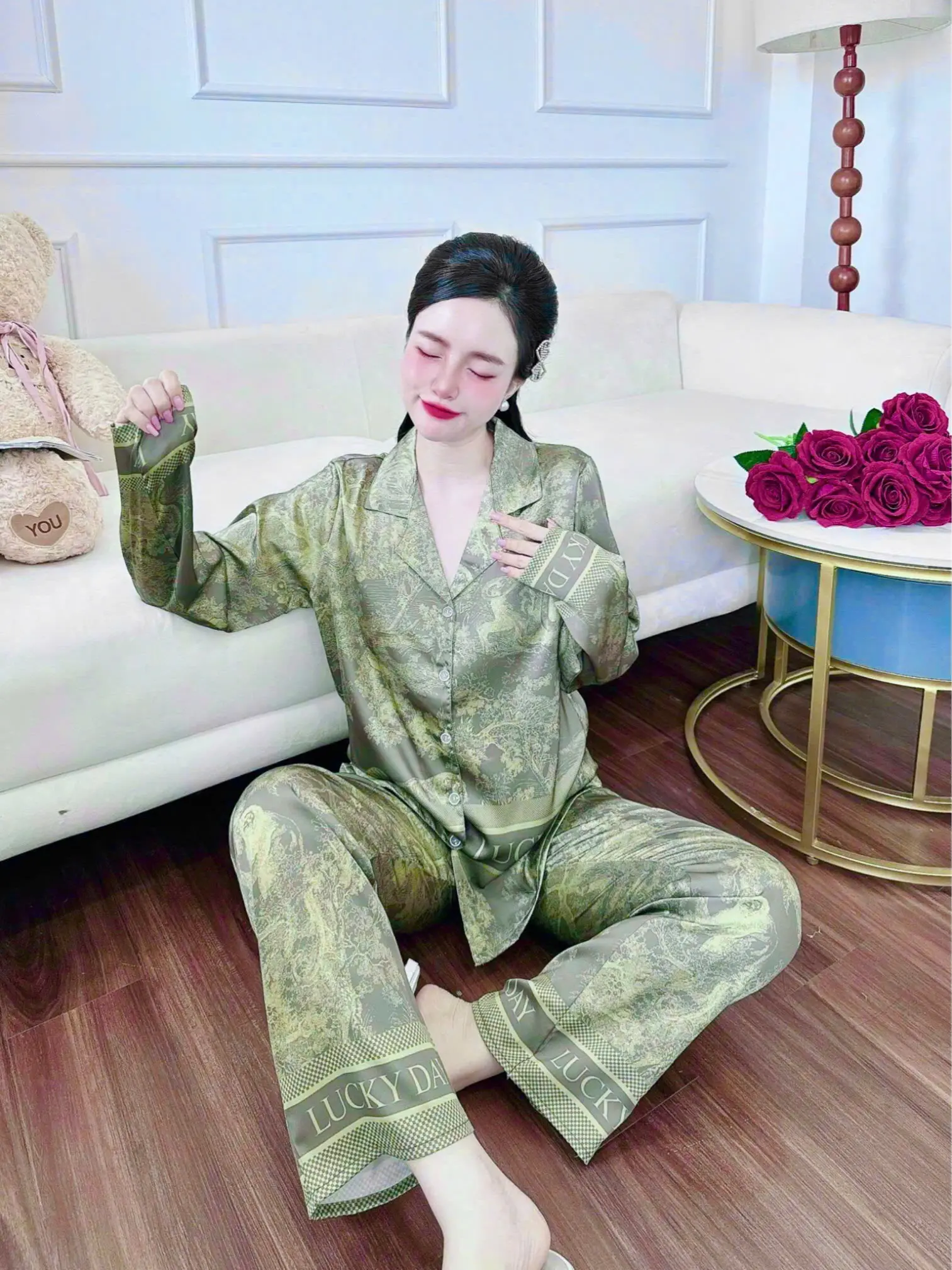 Đồ Bộ Pijama Dành Cho Nữ, Lụa Latin Tơ Tằm, In Màu Xanh Rêu Đậm ,[Size 45kg-60kg, 61kg-75kg] Bigsize Nhung Voi Women Dài Tay